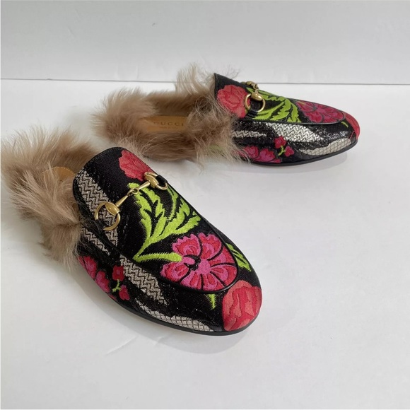 Gucci Princetown Brocade Fur Trim Floral Mule Size 36 Black Anthracite Loafers - Picture 8 of 9